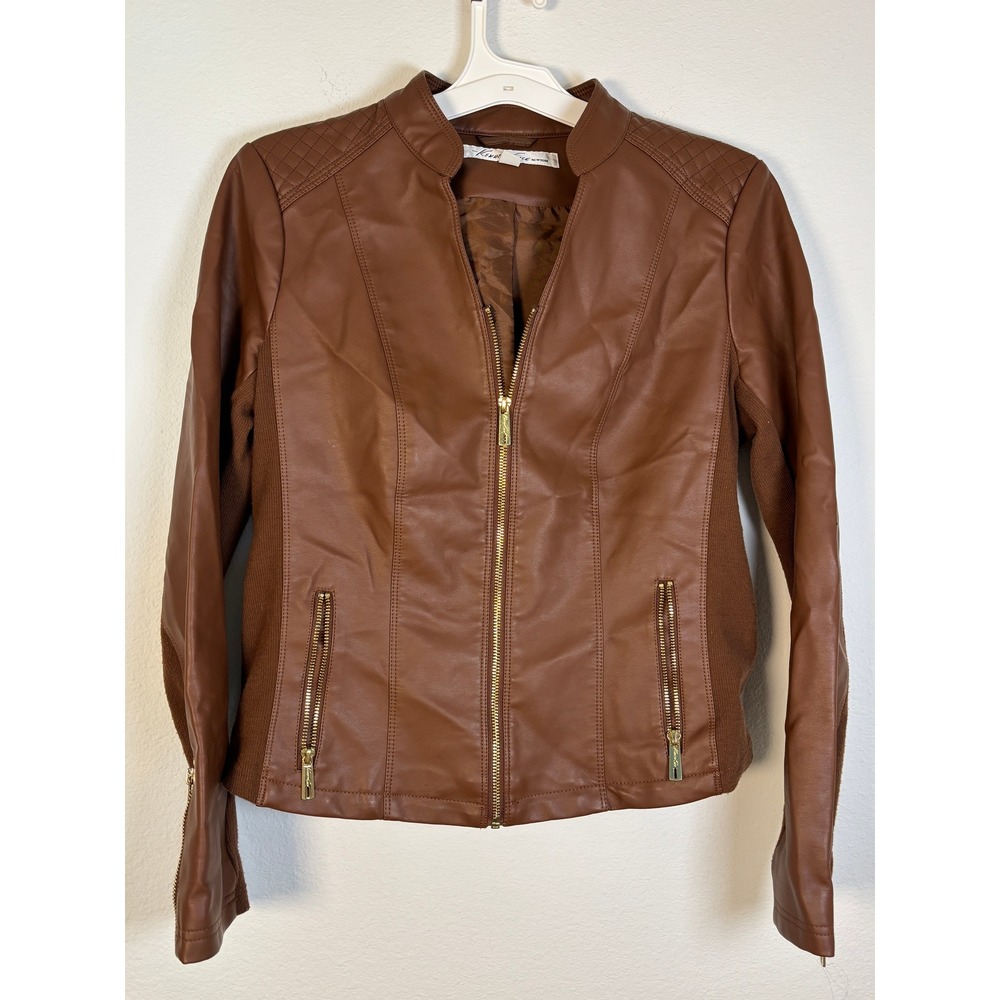 Kenneth Cole New York Faux Leather Moto Jacket Brown Quilted Mixed Media Medium